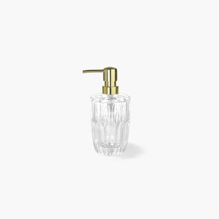 Doseador Geometric em vidro moldado com relevo facetado e bomba metálica dourada. Estilo art déco e contemporâneo para casa de banho elegante. Altura 18 cm.