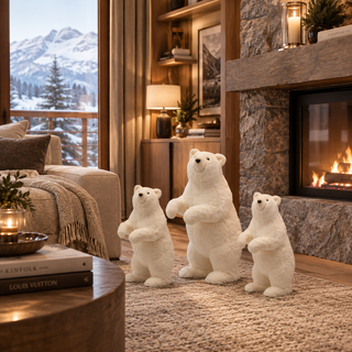 família de ursos polar brancos na sala de um chalé de inverno