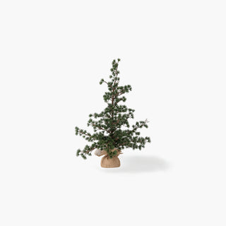 Pequeno pinheiro de Natal artificial com ramos verdes densos e base envolta em saco de aspeto rústico, sobre fundo branco
