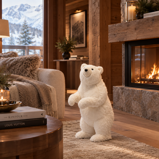 Urso Polar de pelo branco, na sala de um chalé de inverno